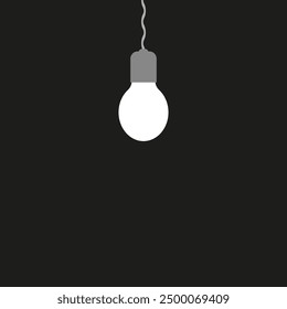 A glowing bright light bulb hangs on a wire. Vector illustration on a black dark background.