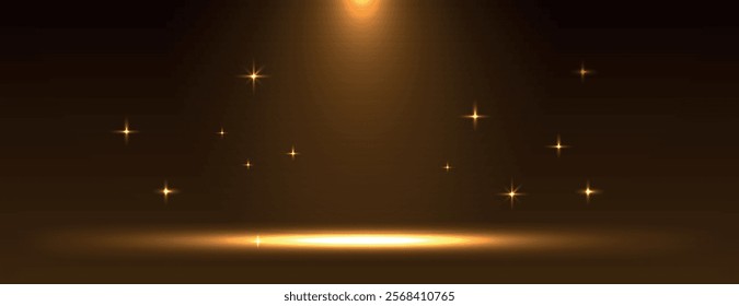 Glowing brown background with a spotlight effect. Brown color and sparkling stars create a warm, elegant background ambiance. Neon light background vector. Brown background.