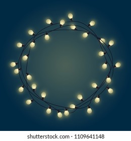 Glowing bulb garland frame, decorative light garland, place for text from shining lamps, lighting bounding box and border, vector illustration