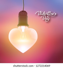 Glowing bulb template in heart shape as love symbol hanging on wire on blurred background vector illustration