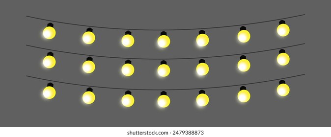Glowing bulbs vector illustration, bulb decoration isolated, Christmas lights glowing, garland lamp, Festival lights for  banner design and street hanging bulb isolated, dim light, LED hanging light.