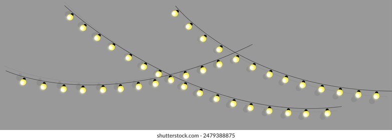 Glowing bulbs vector illustration, bulb decoration isolated, Christmas lights glowing, garland lamp, Festival lights for  banner design and street hanging bulb isolated, dim light, LED hanging light.