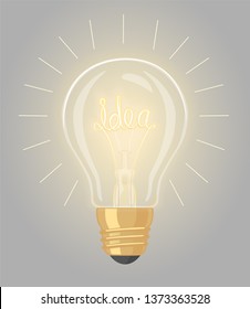 Glowing bulbs with the word idea. Transparent light bulb on a gray background.