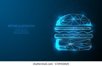 Glowing burger on blue abstract background. Burger symbol backgraound. lines and triangles on blue background. 