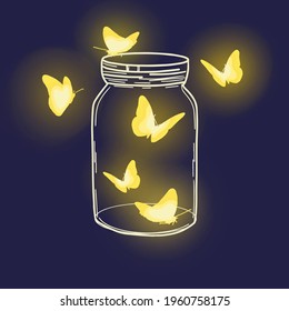 Glowing butterflies in a jar. Picture, poster, banner, postcard, background, wallpaper, drawing.
