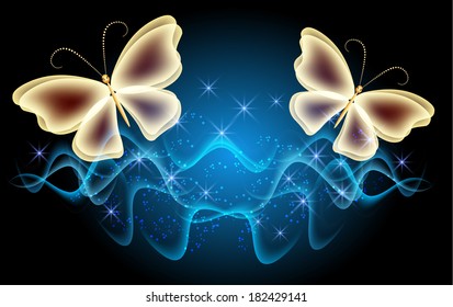 Glowing butterflies and smoke with sparkle stars