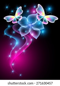 Glowing butterflies and smoke, transparent flower with sparkle stars