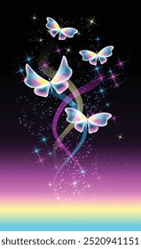 Glowing Butterfly and Smoke with Sparkling Stars Background Vector, A magical scene featuring a radiant butterfly,swirling smoke, and twinkling stars.
