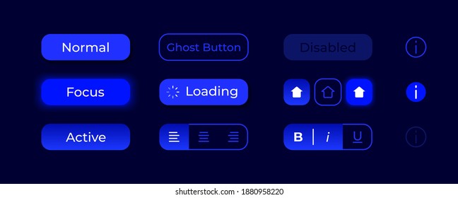 Glowing buttons UI elements kit. Activate switch. Options and settings isolated vector icon, bar and dashboard template. Web design widget collection for mobile application with dark theme interface