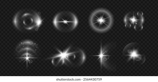 Glowing camera lens flare with rays and circles. Vector isolated set of twinkles and glares. Flashes and spotlight decor, illumination texture or bokeh, halo and radiance light. Shiny circles