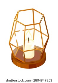 Glowing candle inside a geometric glass lantern on a wooden base, warm decor design for holiday ads, invitations, posters, packaging, and web banners.