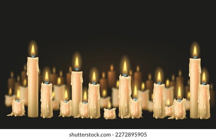 A glowing candles with melted wax. Composition of burning candles on dark background. Vector illustration