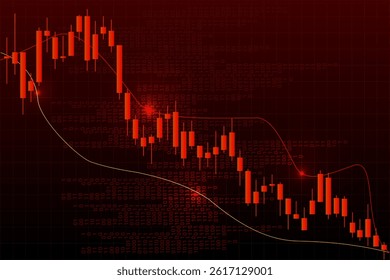 Glowing candlestick chart showing long red trend downward, reflecting tech crisis and deflation. Vector illustration. Concept of recession, layoffs, devaluation, inflation, depression.