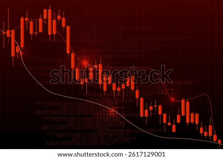 Glowing candlestick chart showing long red trend downward, reflecting tech crisis and deflation. Vector illustration. Concept of recession, layoffs, devaluation, inflation, depression.