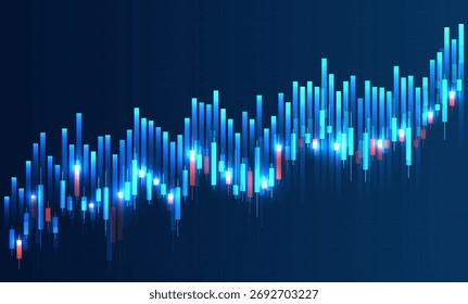 Gráfico de acciones de velas brillantes con barras azules y rojas sobre fondo oscuro, que simbolizan el comercio, las finanzas, la inversión, la economía y el análisis de mercado.