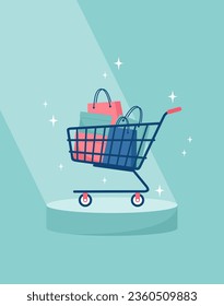 Glowing cart full of shopping bags and boxes on a pedestal under the spotlight. Flat vector illustration