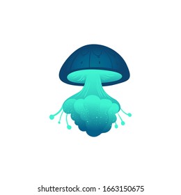 Glowing cartoon jellyfish isolated on white background - blue and green hand drawn sea animal with tentacles and mushroom shape, colorful vector illustration