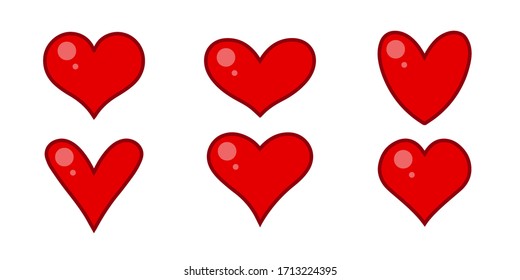 Glowing Cartoon Style Heart Symbols Set. Isolated Vector Illustration.