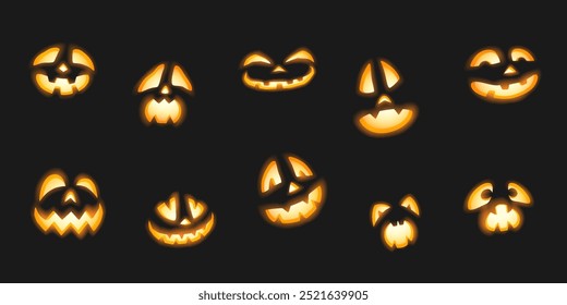 Brilhante esculpido abóboras de Halloween enfrenta ícones de cores realistas definido. Coleção de ilustrações de objetos 3d com expressões faciais fantasmas assustadores