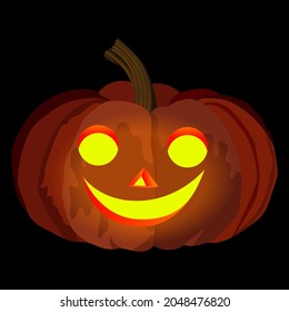 Glowing carved pumpkins for Halloween. Orange pumpkin for banners, flyers, posters, cards. Lantern pumpkin. Jack Be Little pumpkin. October. Vector illustration isolated on dark background