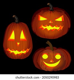 Glowing carved pumpkins for Halloween. Orange pumpkin for banners, flyers, posters, cards. Lantern pumpkin. October. Vector illustration isolated on dark background