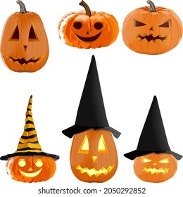 Glowing carved pumpkins for Halloween. Orange pumpkin with black and yellow-black hat for banners, flyers, posters, cards. Lantern pumpkin. October. Vector illustration isolated on white background