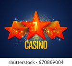 Glowing Casino background with Creative 3D Stars and Golden Lucky Seven number. Elegant poster, banner or flyer design.