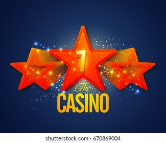 El brillante fondo del Casino con las creativas Estrellas 3D y el número Golden Lucky Seven. Diseño elegante de afiches, pancartas o volantes.
