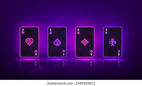 Diseño brillante de tarjetas de casino. Tarjetas de póquer Neon. Ilustración del vector