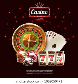 Glowing casino realistic composition with golden russian roulette cards and slot machines vector illustration