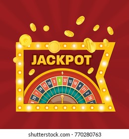 Glowing casino sign Las Vegas. Casino jackpot winner. Lucky, success, financial growth, money profit. Slot machine in casino, lottery, roulette, gambling. Winner leader happy man Vector illustration