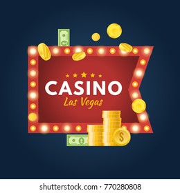 Glowing casino sign Las Vegas. Jackpot, lucky, success, financial growth, money profit. Slot machine in casino, lottery, roulette, gambling. Winner leader happy man Vector illustration