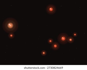 Corpos celestes brilhantes no espaço profundo, aglomerado de estrelas com tons vermelhos quentes, isolados no fundo cósmico escuro, evocando uma sensação de mistério e vastidão