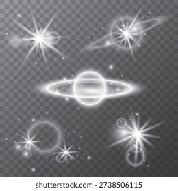 A glowing celestial illustration featuring stylized stars, planets with rings, and cosmic sparkles on a transparent background. Perfect for digital art, fantasy projects, astronomy-themed designs, and creative stock use.