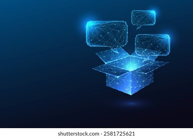 Glowing chat bubbles emerging from open box on dark blue background. Innovative communication, ideas, and messaging futuristic concept. Abstract wireframe low polygonal design vector illustration. 