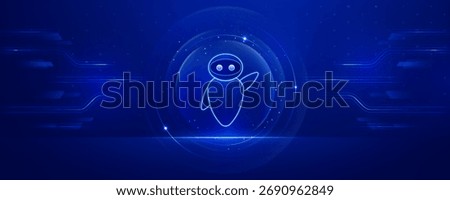 Glowing chatbot robot in a futuristic blue digital environment