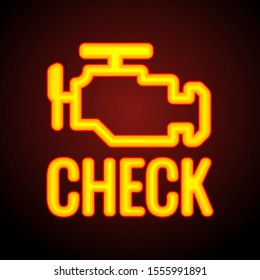 Glowing Check Engine Light Symbol That Pops Up On Car Dashboard When Something Goes Wrong With The Engine, Vector Illustration.