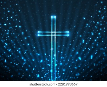 Glowing christian cross on background glitter particles and glowing rays . Religious symbol. Magic backdrop
