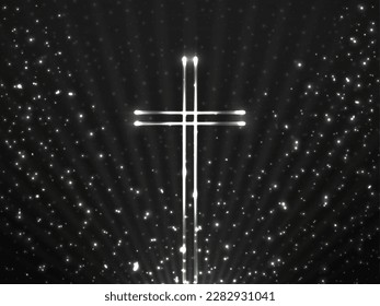 Glowing christian cross on background glitter particles and glowing rays. Religious symbol. Magic backdrop