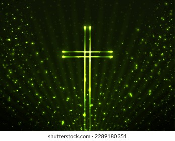 Glowing christian cross on background glitter particles and glowing rays. Religious symbol. Magic backdrop