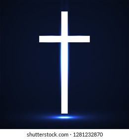 Glowing christian cross. Religious symbol. Vector