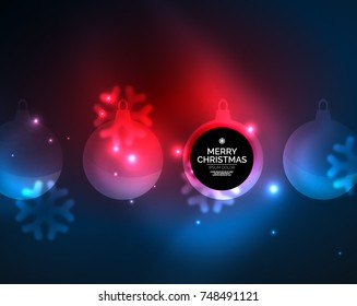 Glühende Weihnachtsbälle und Schneeflocken, Vektorvorlage, Winterdesign im Urlaub, rot-blau