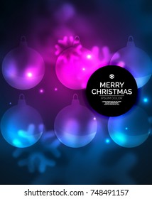 Glowing Christmas ball and snowflakes vector template, holiday winter design, blue and purple colors