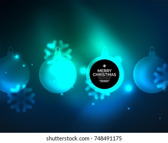 Glowing Christmas ball and snowflakes vector template, holiday winter design, blue color