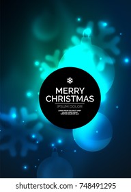 Glowing Christmas ball and snowflakes vector template, holiday winter design, blue color