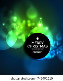 Glowing Christmas ball and snowflakes vector template, holiday winter design, blue, green colors