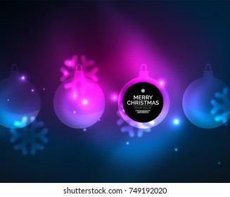 Glowing Christmas ball and snowflakes vector template, holiday winter design, blue and purple colors