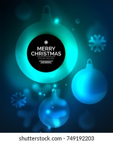 Flagrante bola de Navidad y plantilla vectorial de copos de nieve, diseño de invierno de vacaciones, color azul
