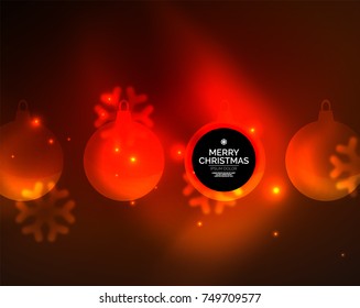 Glühende Weihnachtsbälle und Schneeflocken, Vektorvorlage, Winterdesign im Urlaub, Rot und Orange