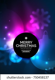Glowing Christmas ball and snowflakes vector template, holiday winter design, blue and purple colors